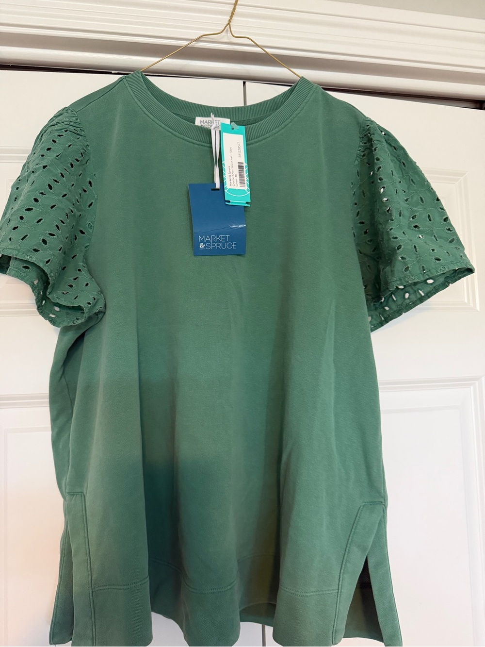 Market & Spruce Teal Green Eyelet-Sleeve Pullover